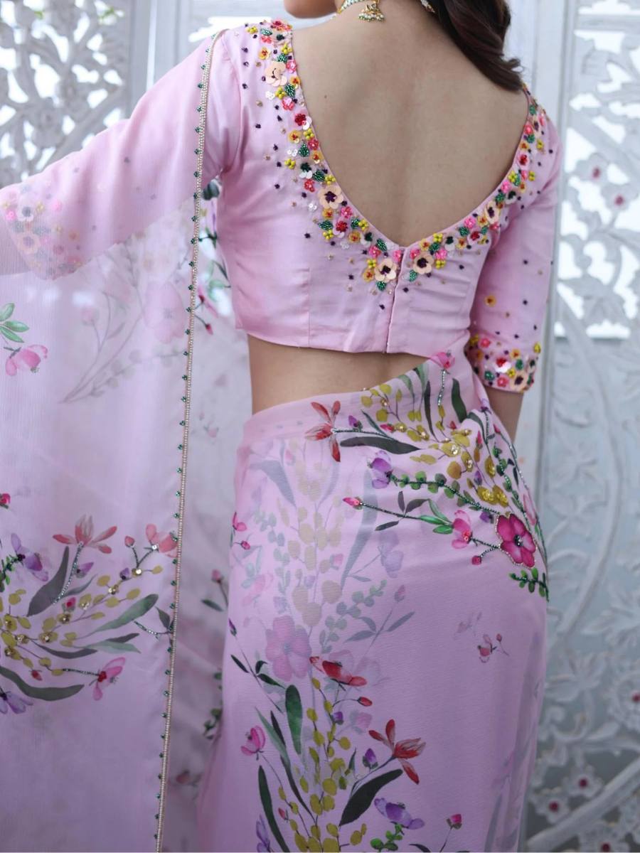 RICH CELEBRITY STYLE HANDWORK FLORAL ORGANZA SAREE