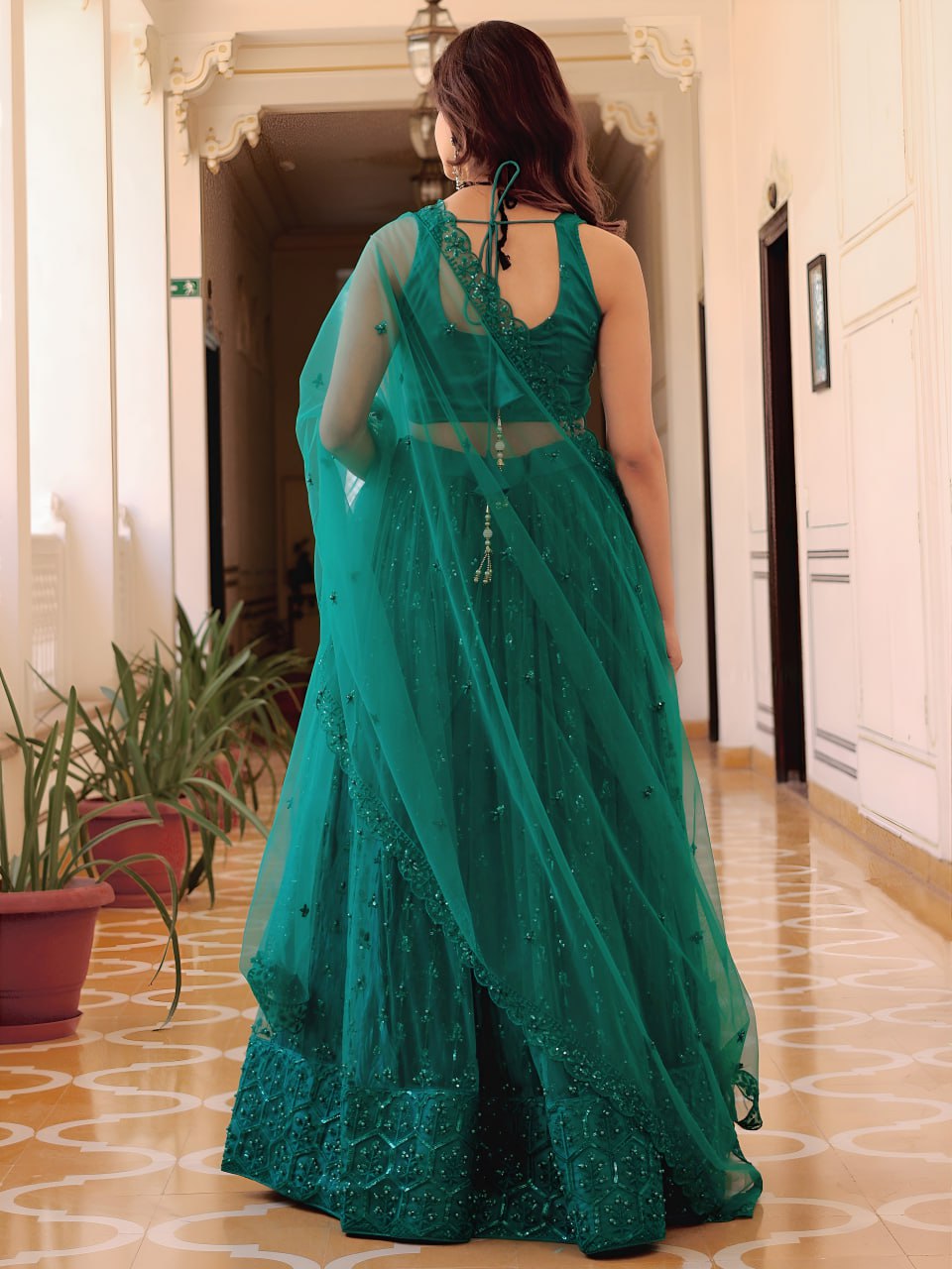 Teal Premium Soft Net Inricate Work Lehanga