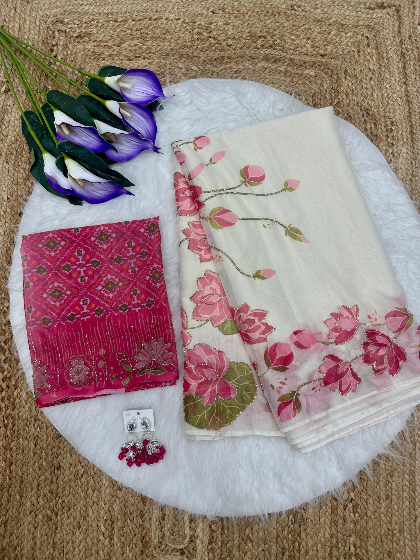 White Floral Pink Tabby Silk HandWork Saree