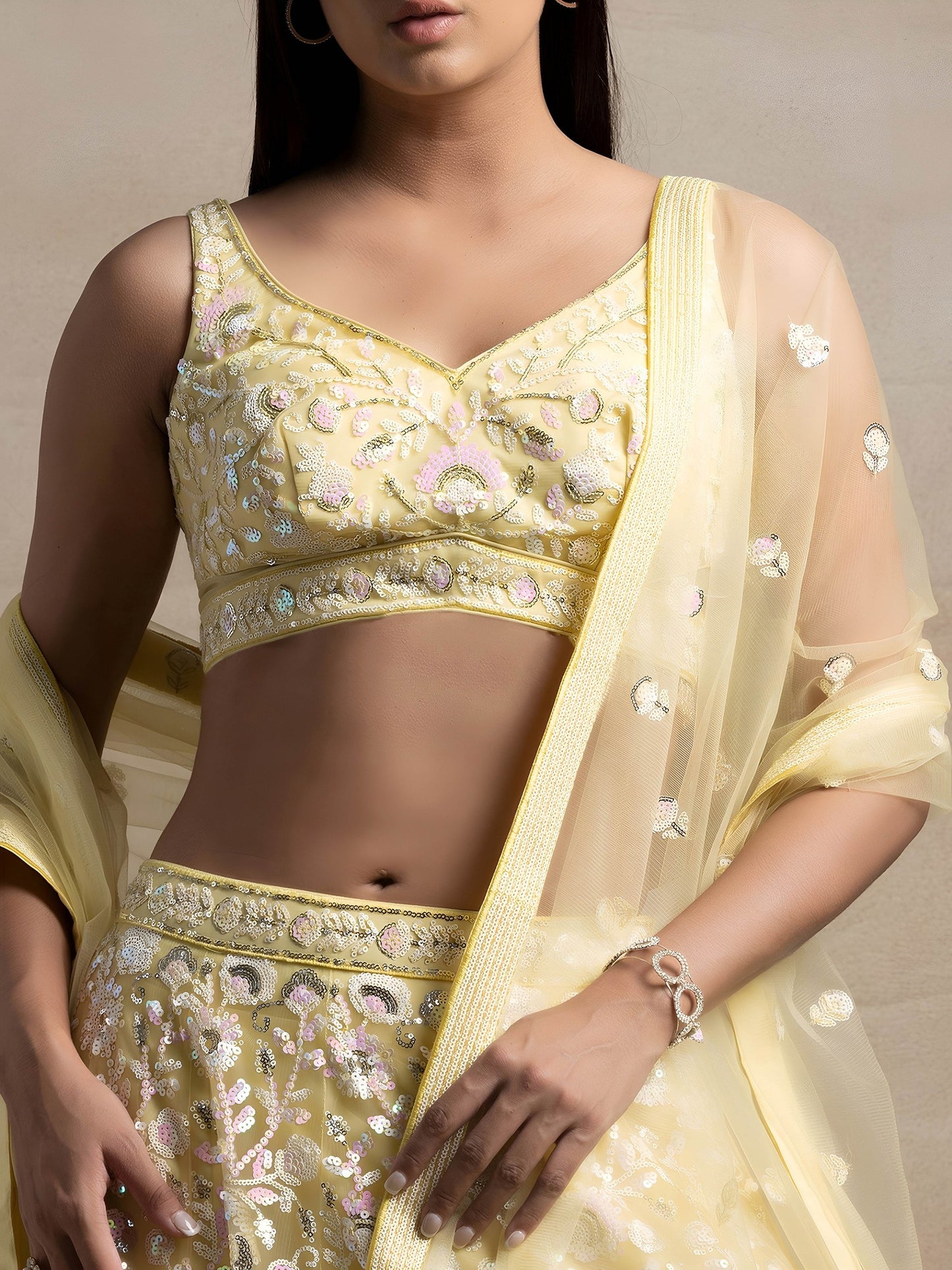 Pastel Yellow Floral Sequins Embroidered Lehenga Choli