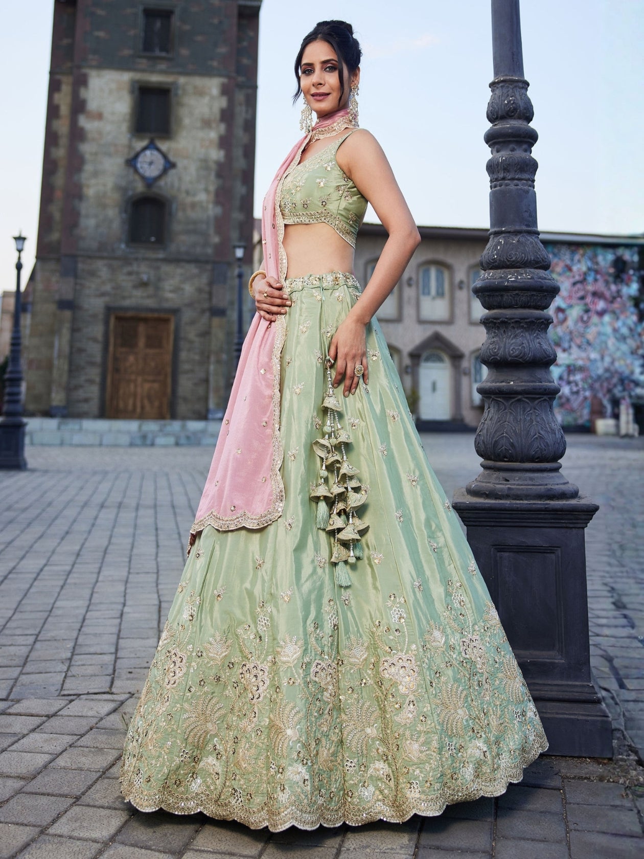 LUXURY PISTA GREEN ART SILK LEHENGA SET