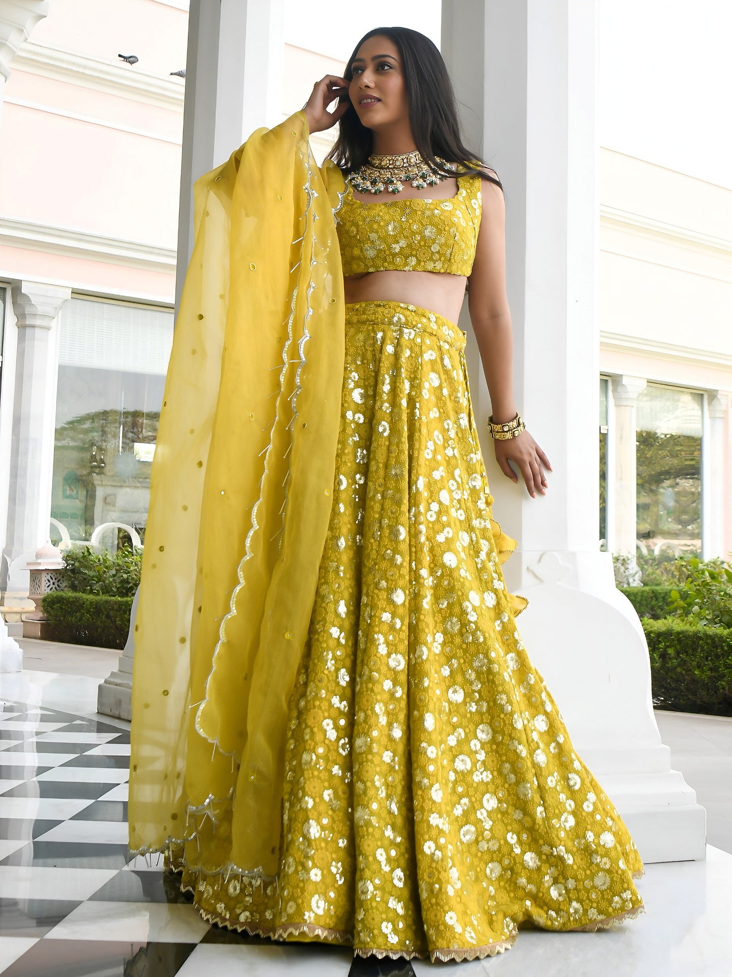Olive Gold Floral Sparkle Lehenga
