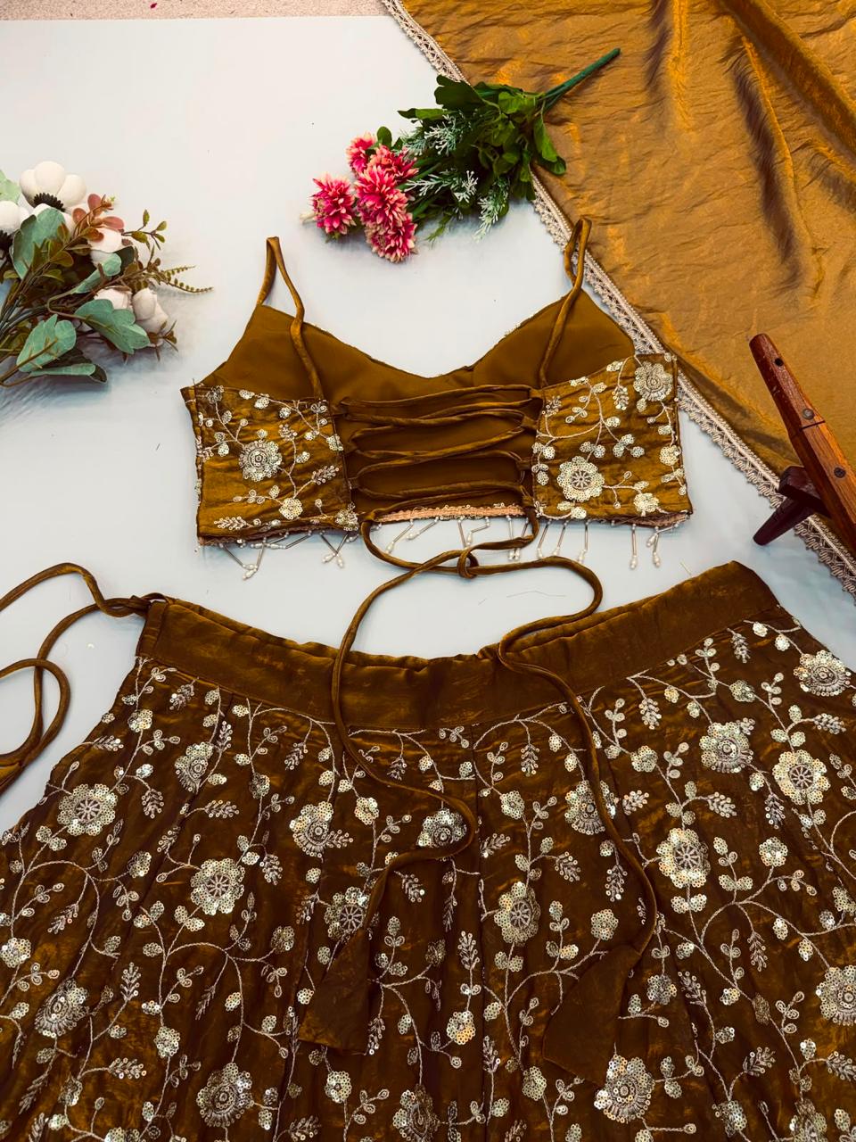 Dark Gold Elegant Bling Sequins Lehanga