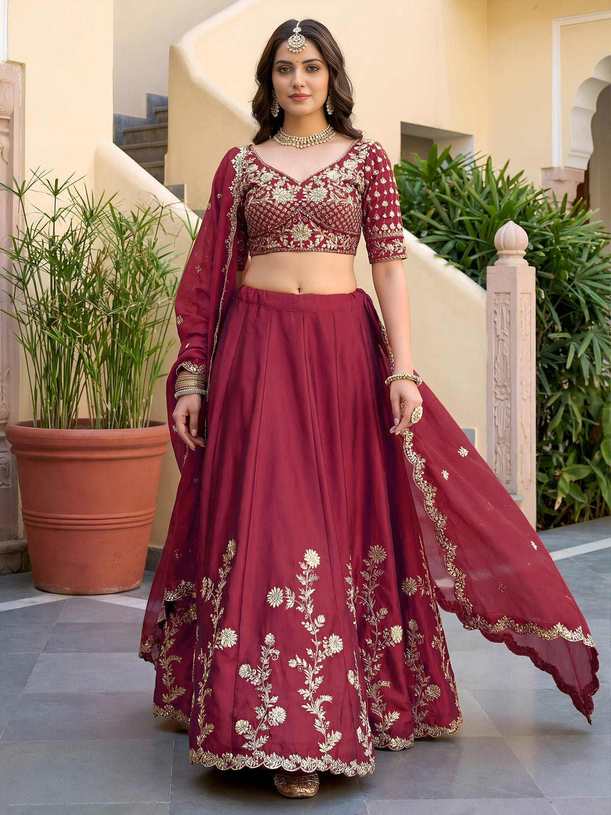 Rich Maroon Gracefull Embroidered Lehenga Choli