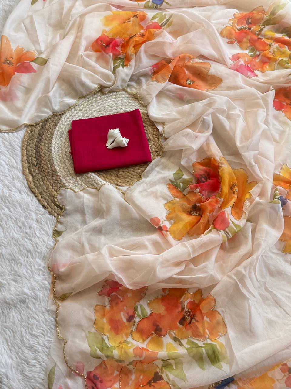 FLORAL HANDWORK ROSE SOFT ORGANZA SAREE