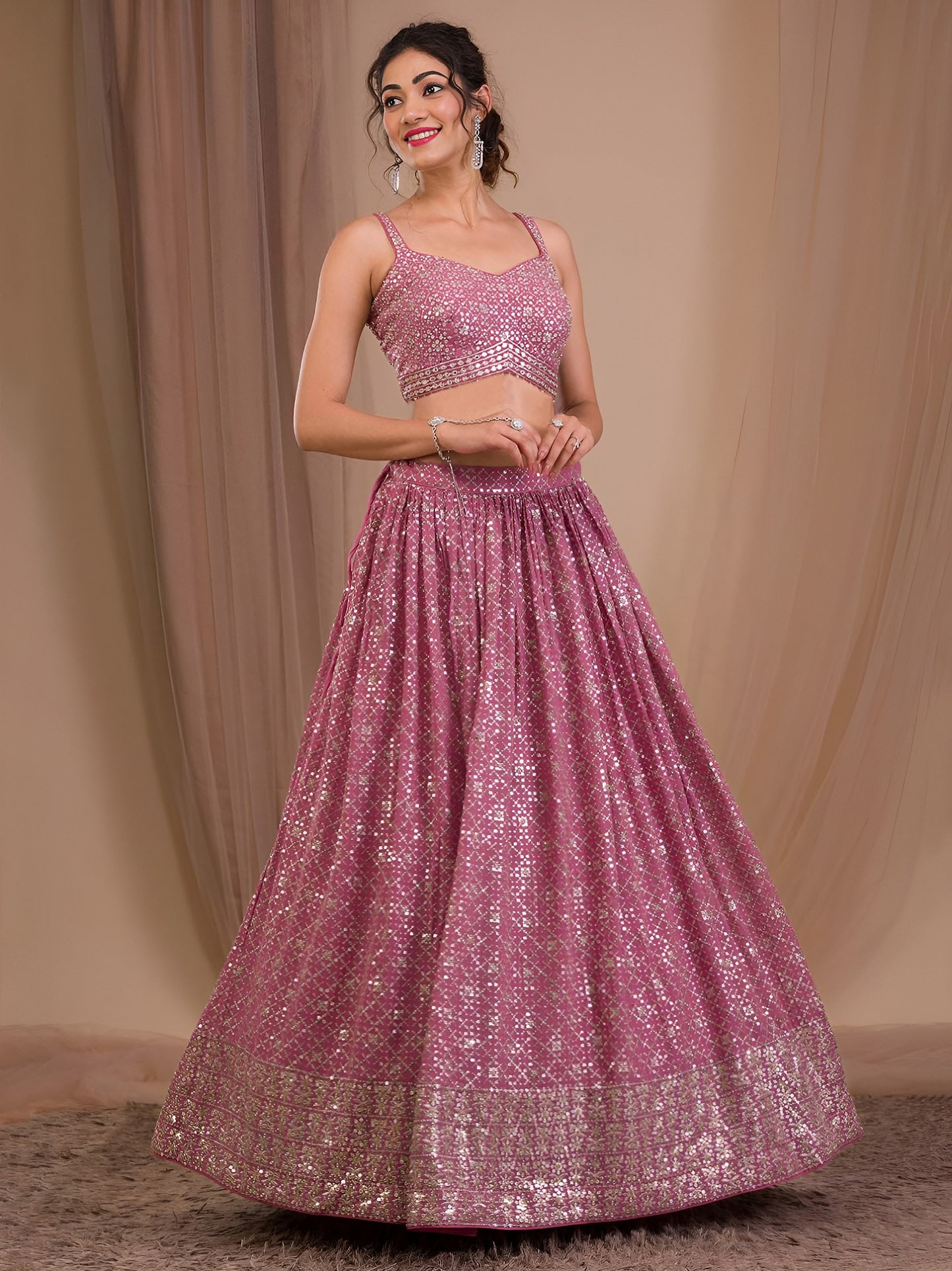 Glittering Rose Pink Designer Lehenga Choli