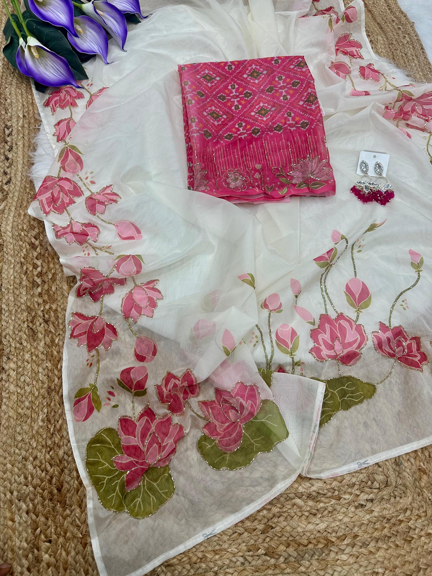 White Floral Pink Tabby Silk HandWork Saree