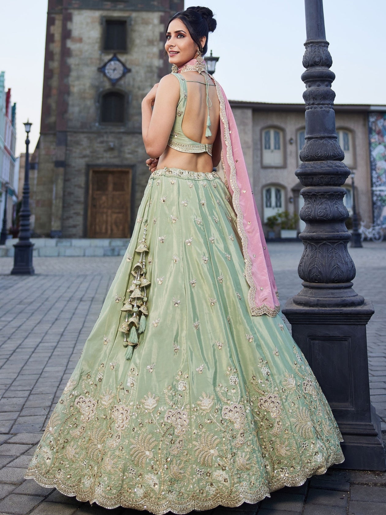 LUXURY PISTA GREEN ART SILK LEHENGA SET