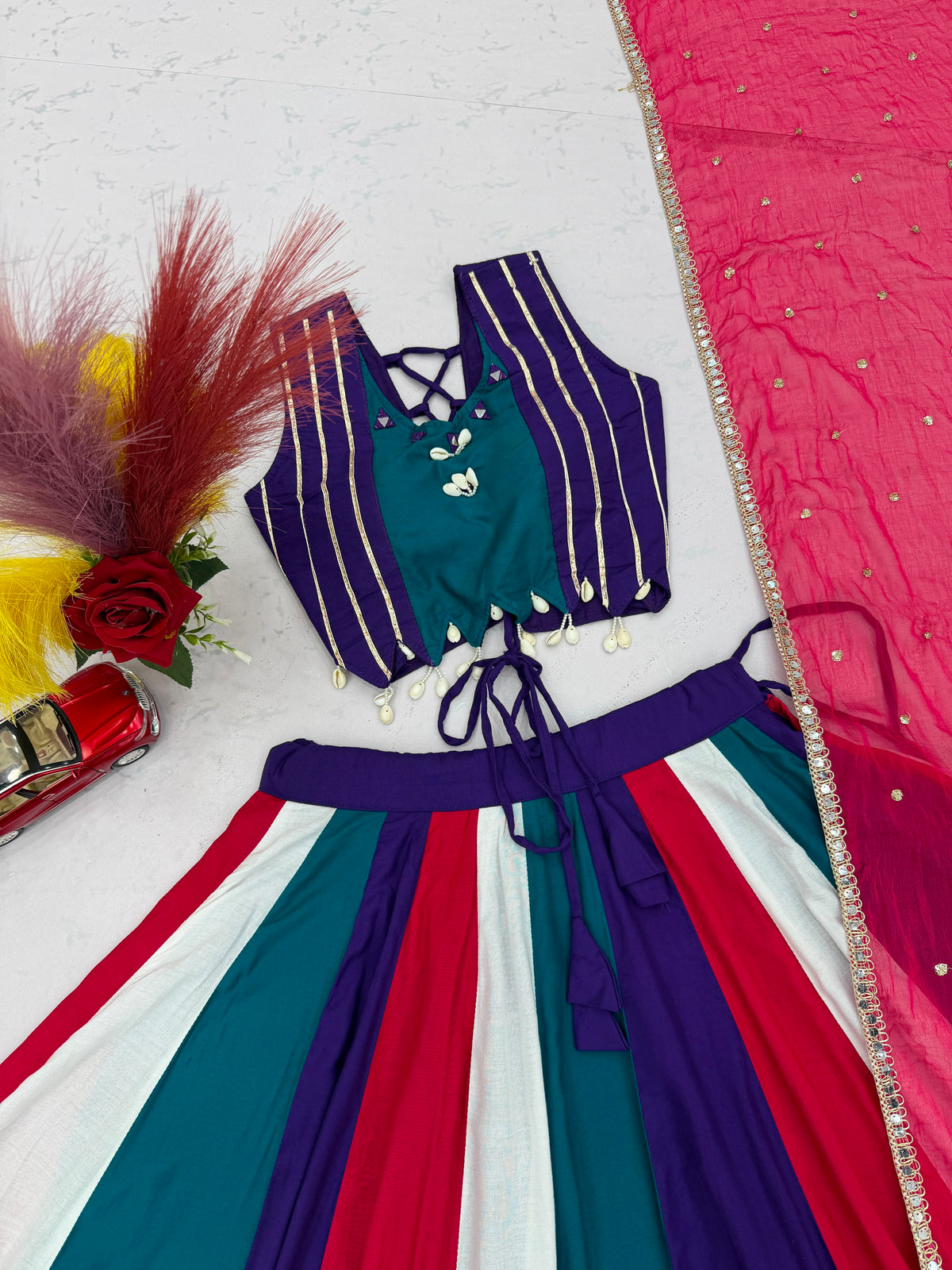 Multi-Color Striped Handwork Cotton Lehenga Choli Set