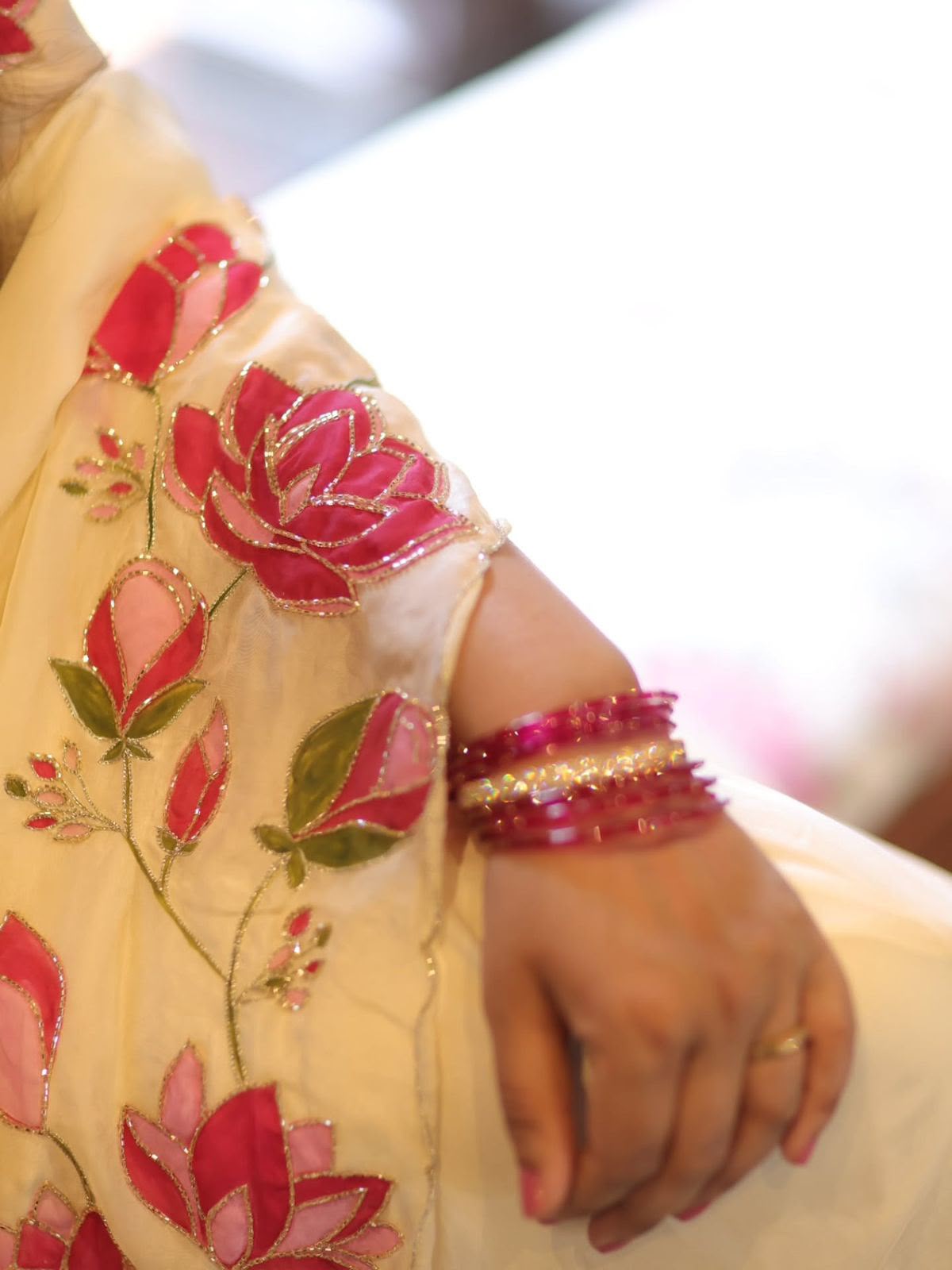 White Floral Pink Tabby Silk HandWork Saree