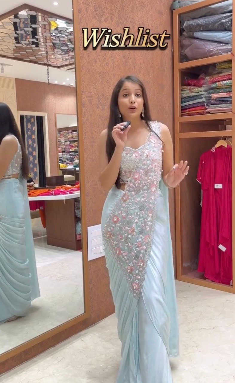 Effortless PreDraped Ready to Wear Steel Grey Blue Shade Rangoli Silk Saree