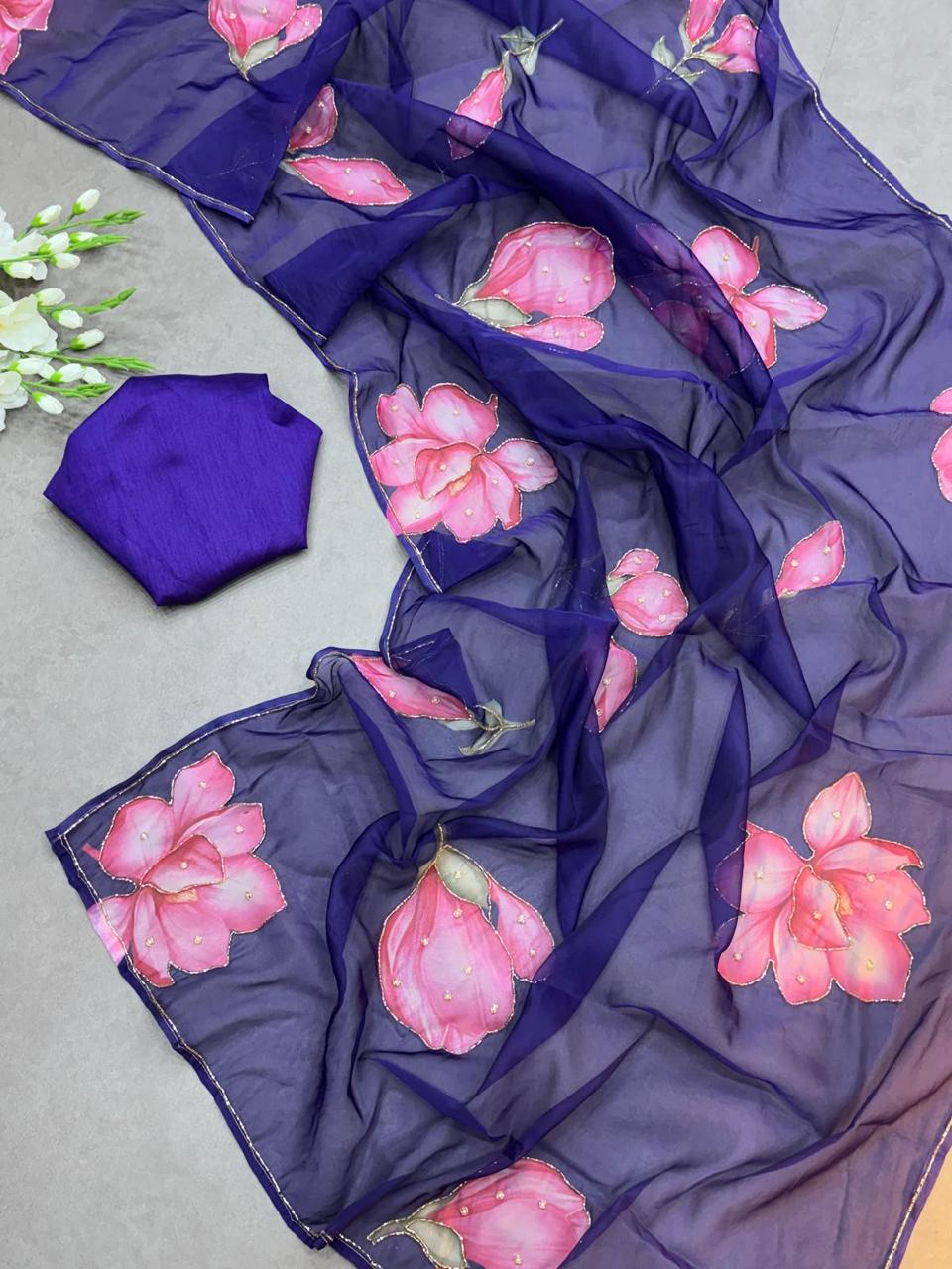 Graceful Handworked Floral Organza Saree