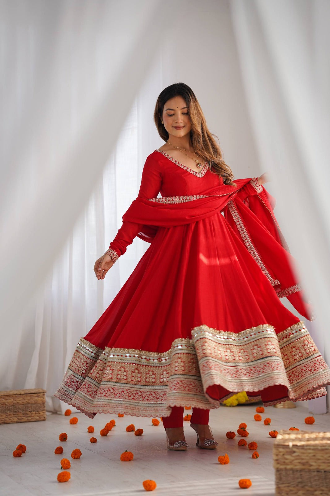 Pure Blooming Vichitra Silk Embroidered Anarkali Gown with Dupatta & Pant Set