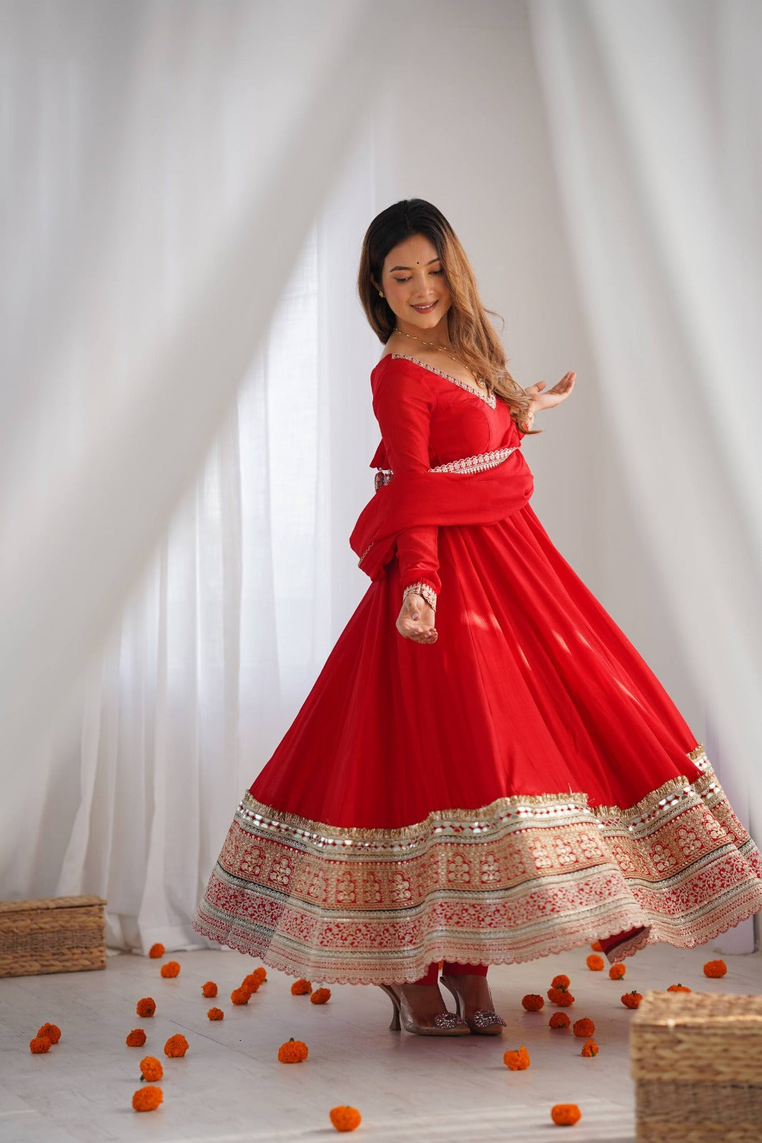 Pure Blooming Vichitra Silk Embroidered Anarkali Gown with Dupatta & Pant Set