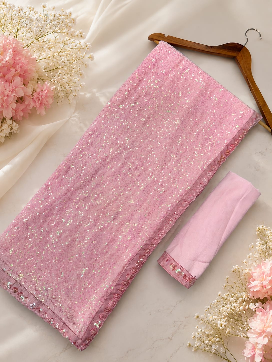 Luminary Éclat: Special Edition Khichdi Micro-Sequin Faux Georgette Saree Ensemble