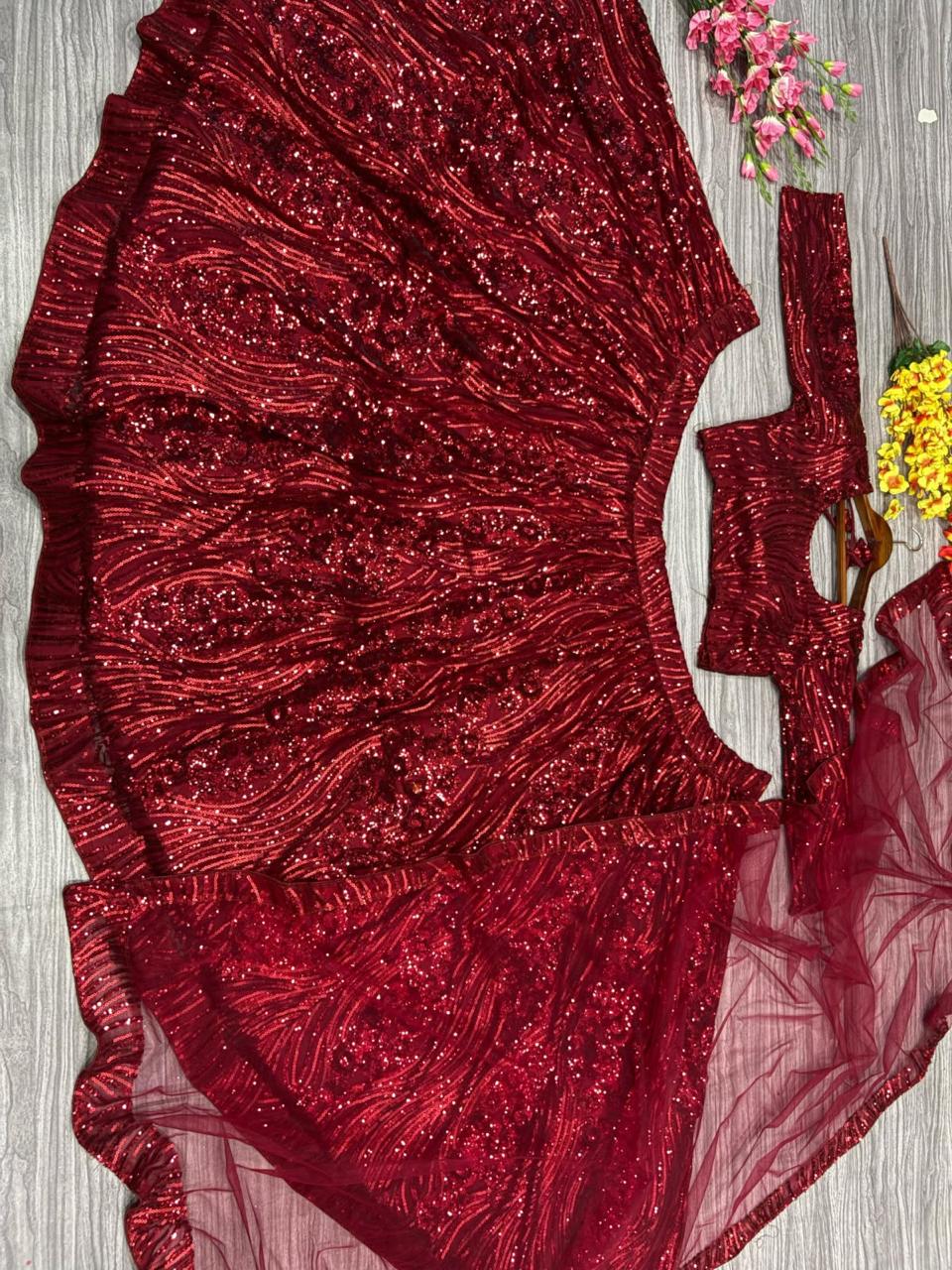 Glittering Red Bling Premium Net Lehanga