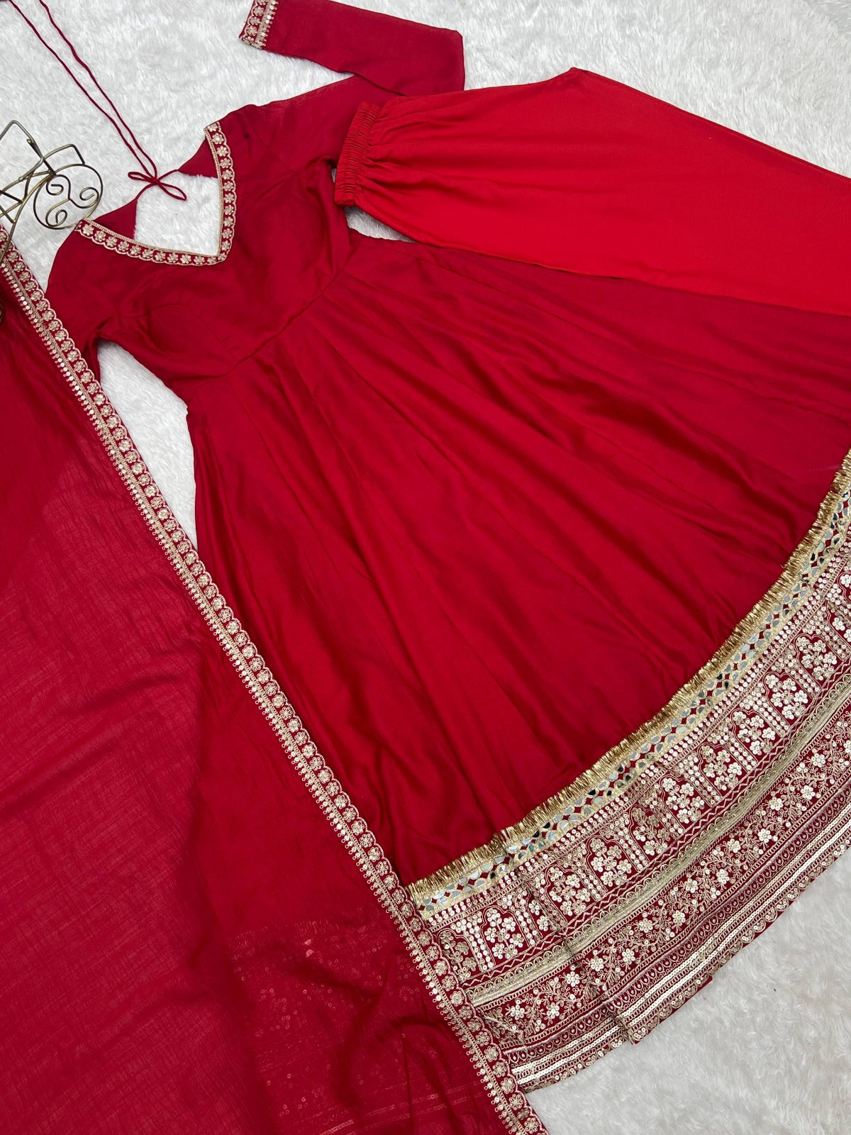 Pure Blooming Vichitra Silk Embroidered Anarkali Gown with Dupatta & Pant Set