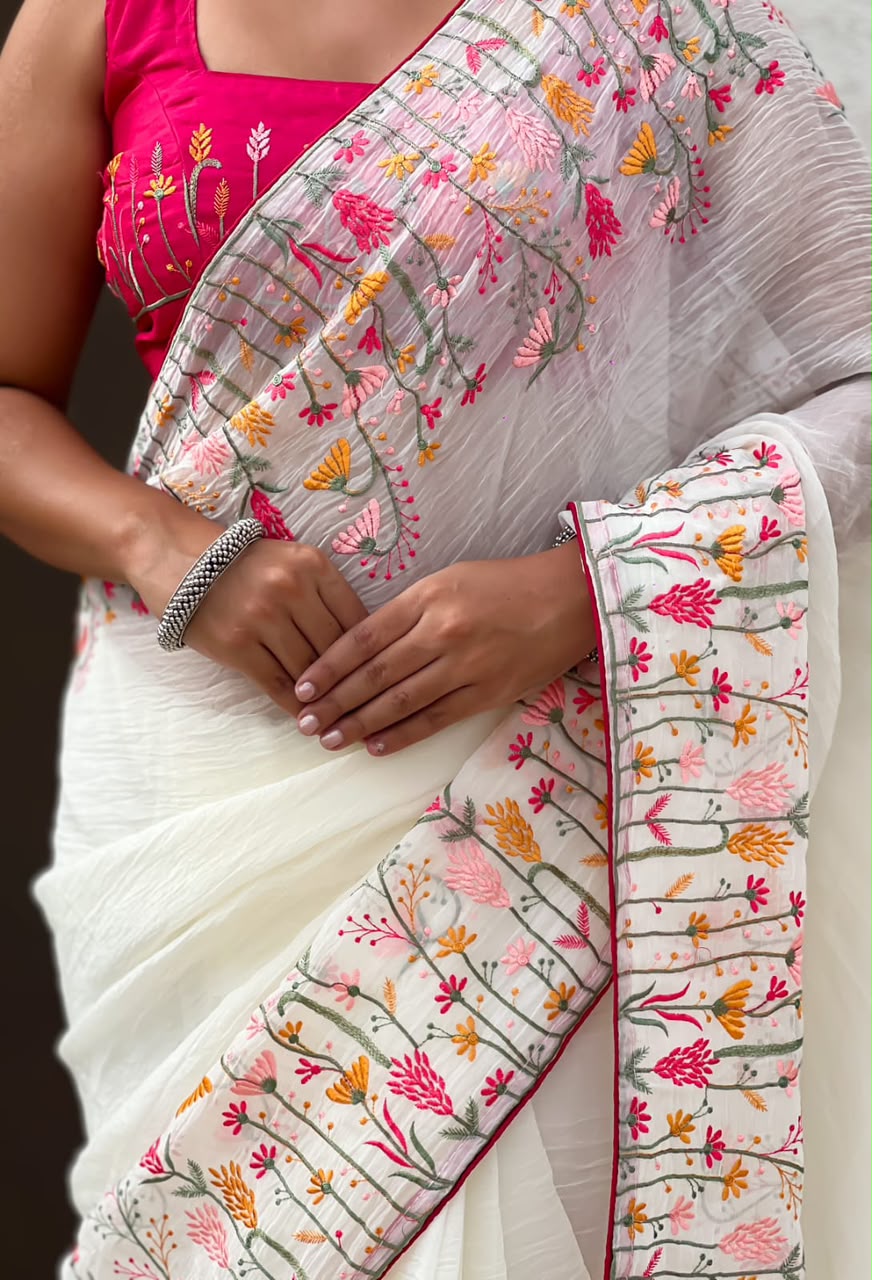 Raise & Elevate Your Festival Looks - Beautiful White Embroidered Work Saree