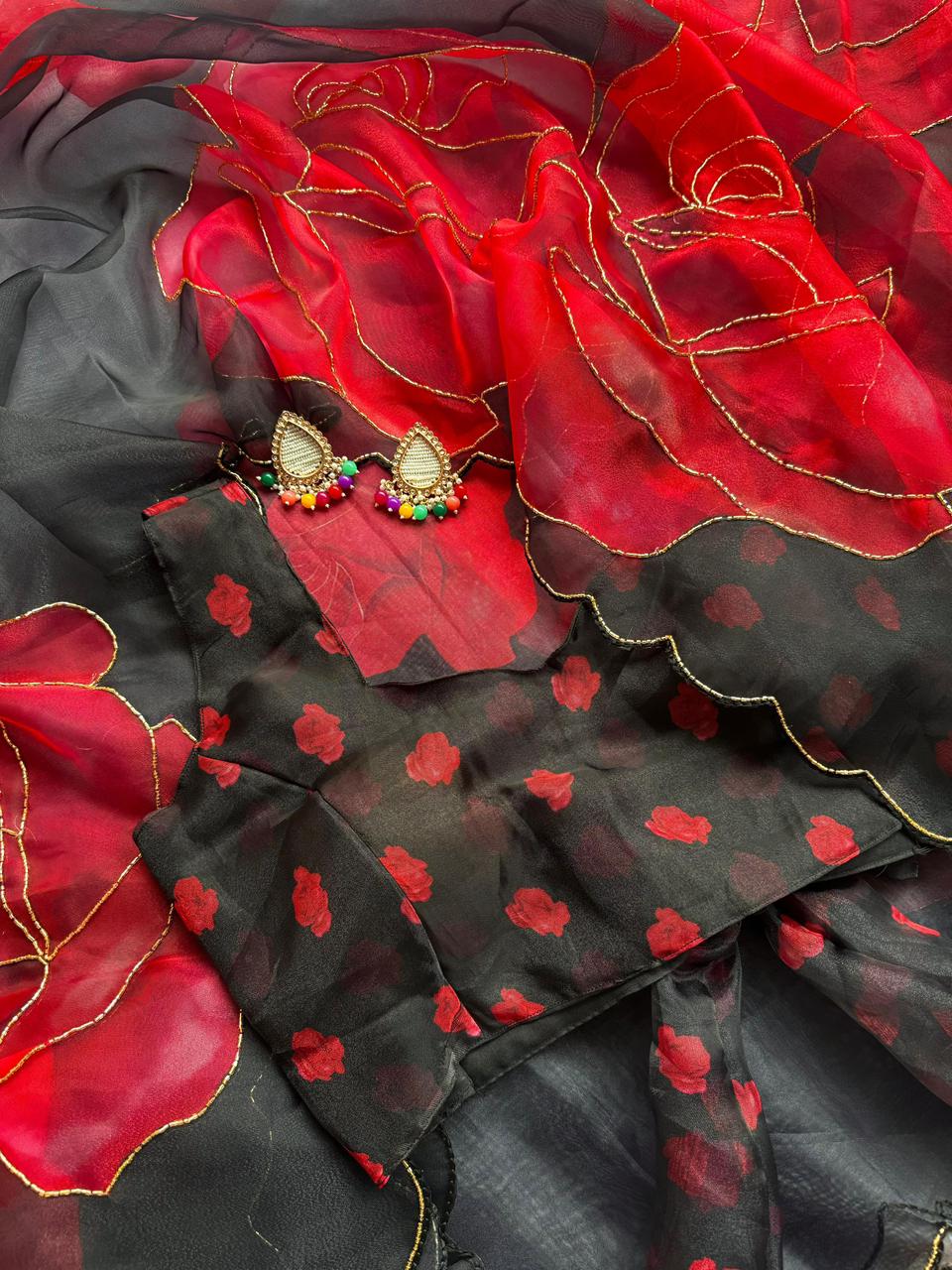 RED BLACK BEAUTIFUL PURE ORGANZA SAREE