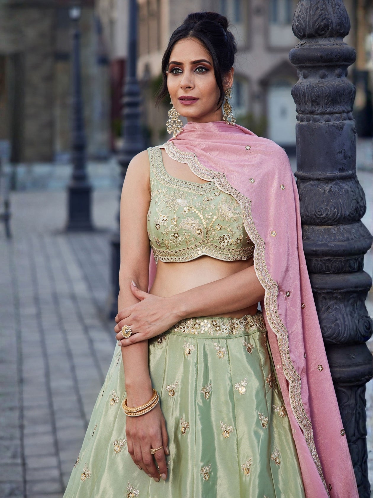 LUXURY PISTA GREEN ART SILK LEHENGA SET