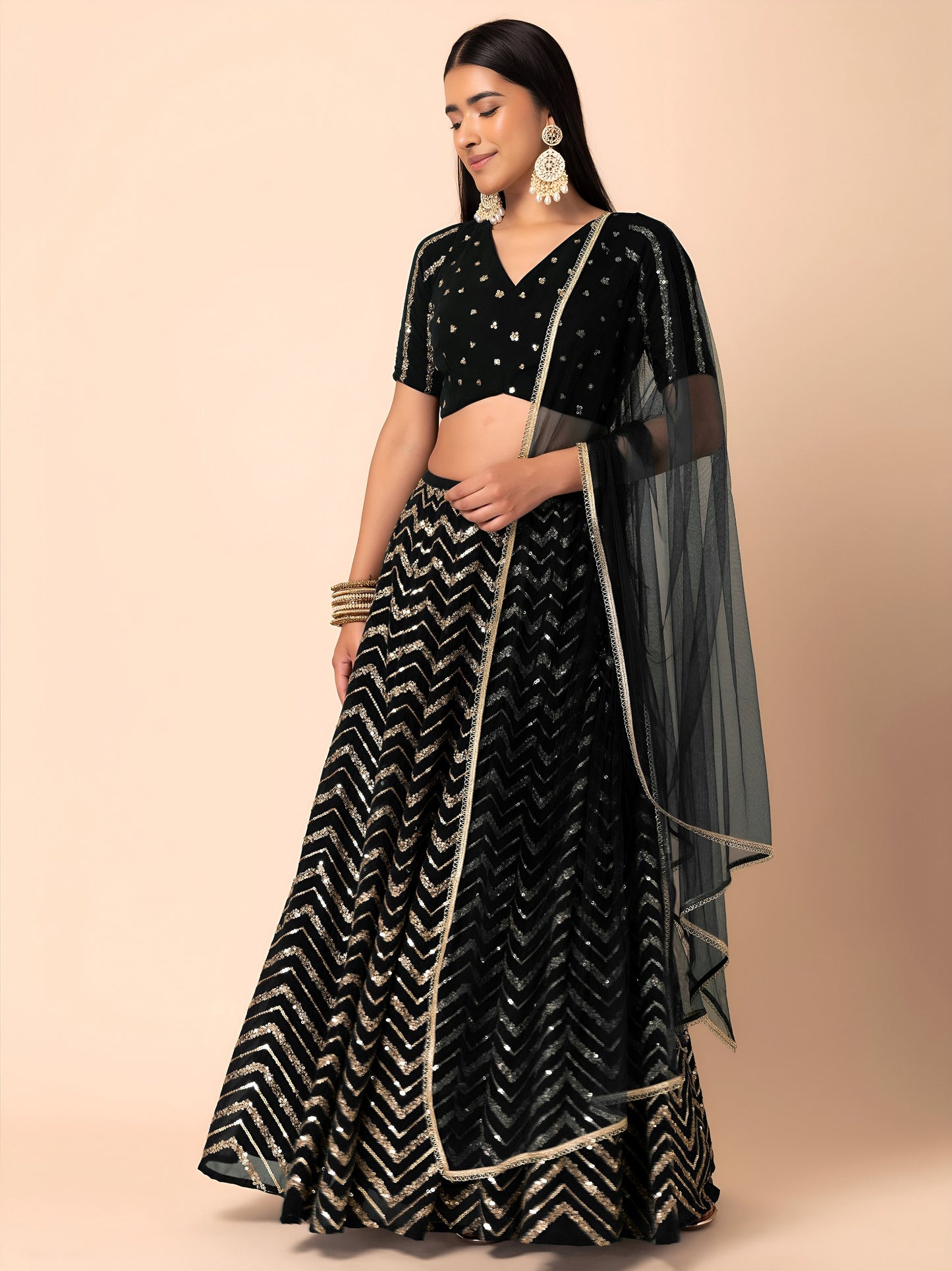 Midnight Black Chevron Sparkle Lehenga
