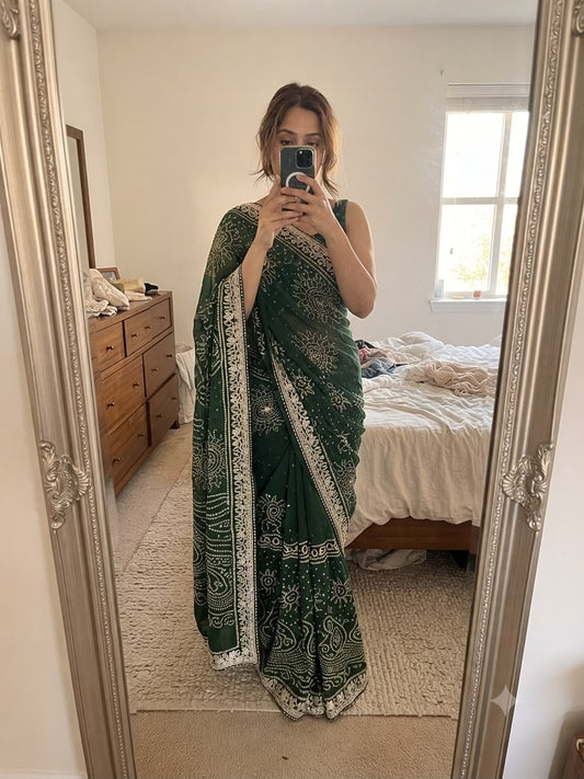 Jaipuri Gotta Patti Bottle Green Saree