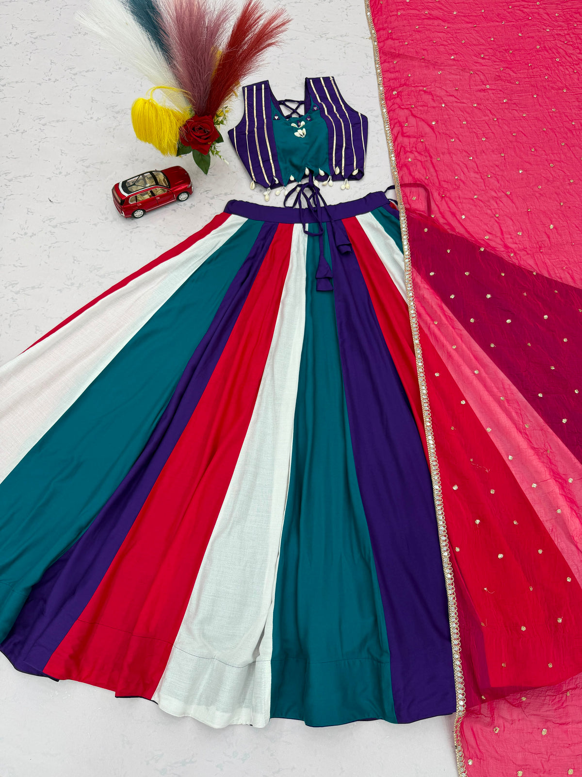 Multi-Color Striped Handwork Cotton Lehenga Choli Set