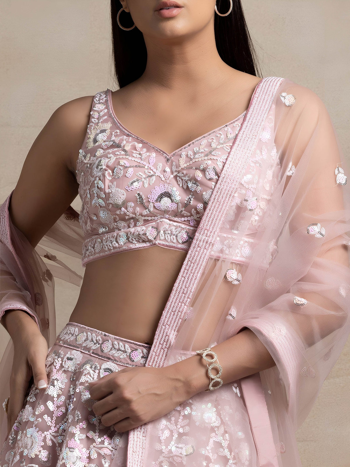 Soft Pink Floral Sequins Embroidered Lehenga Choli