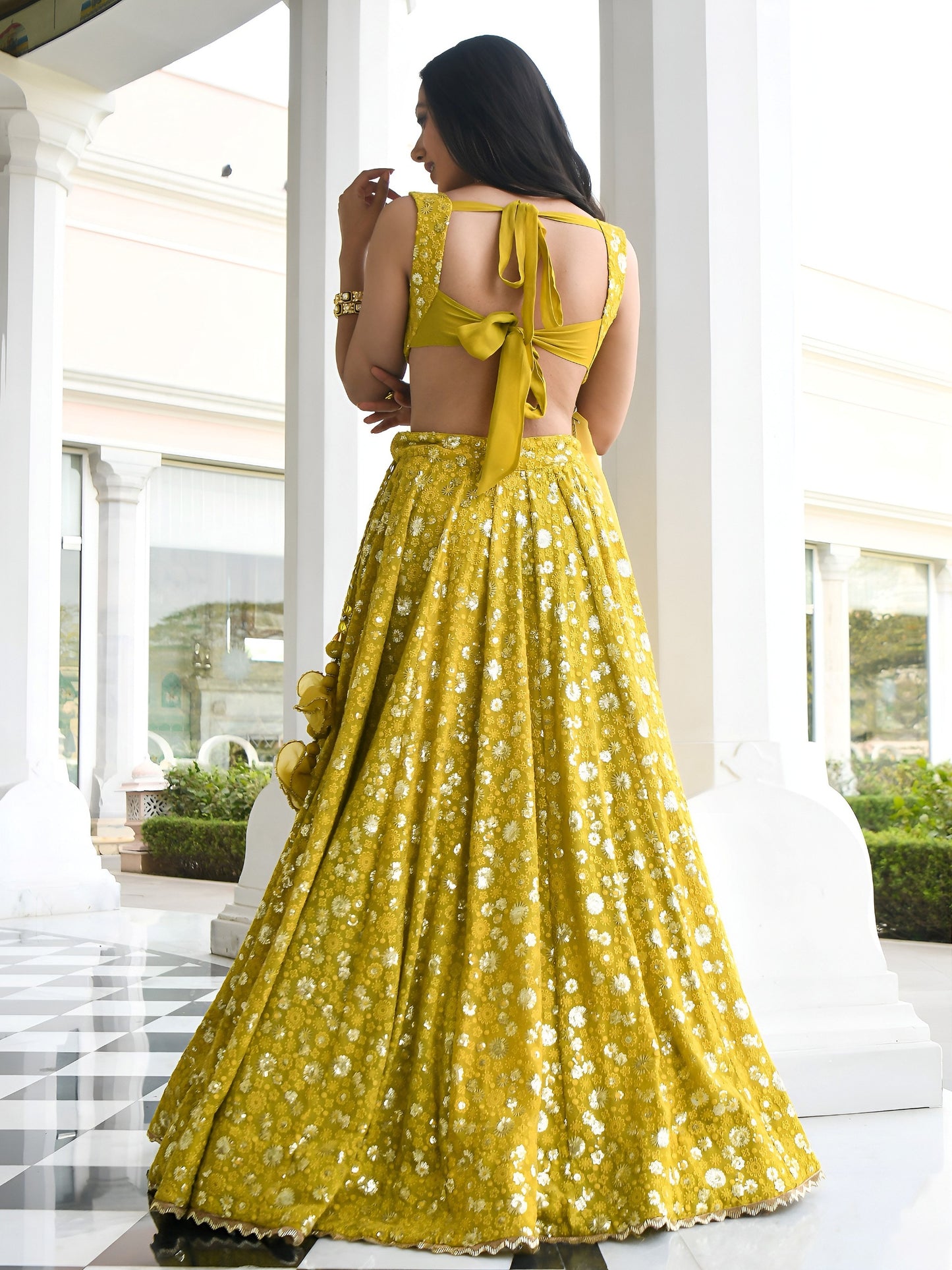 Olive Gold Floral Sparkle Lehenga