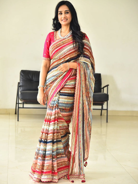 Turn heads and redefine elegance - Striped Colorful Unique Saree