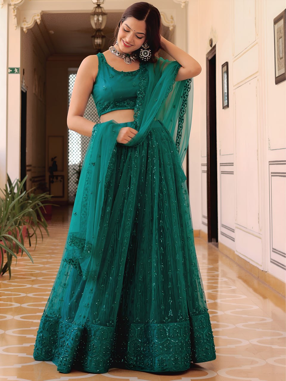 Teal Premium Soft Net Inricate Work Lehanga