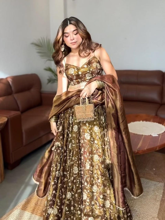 Dark Gold Elegant Bling Sequins Lehanga