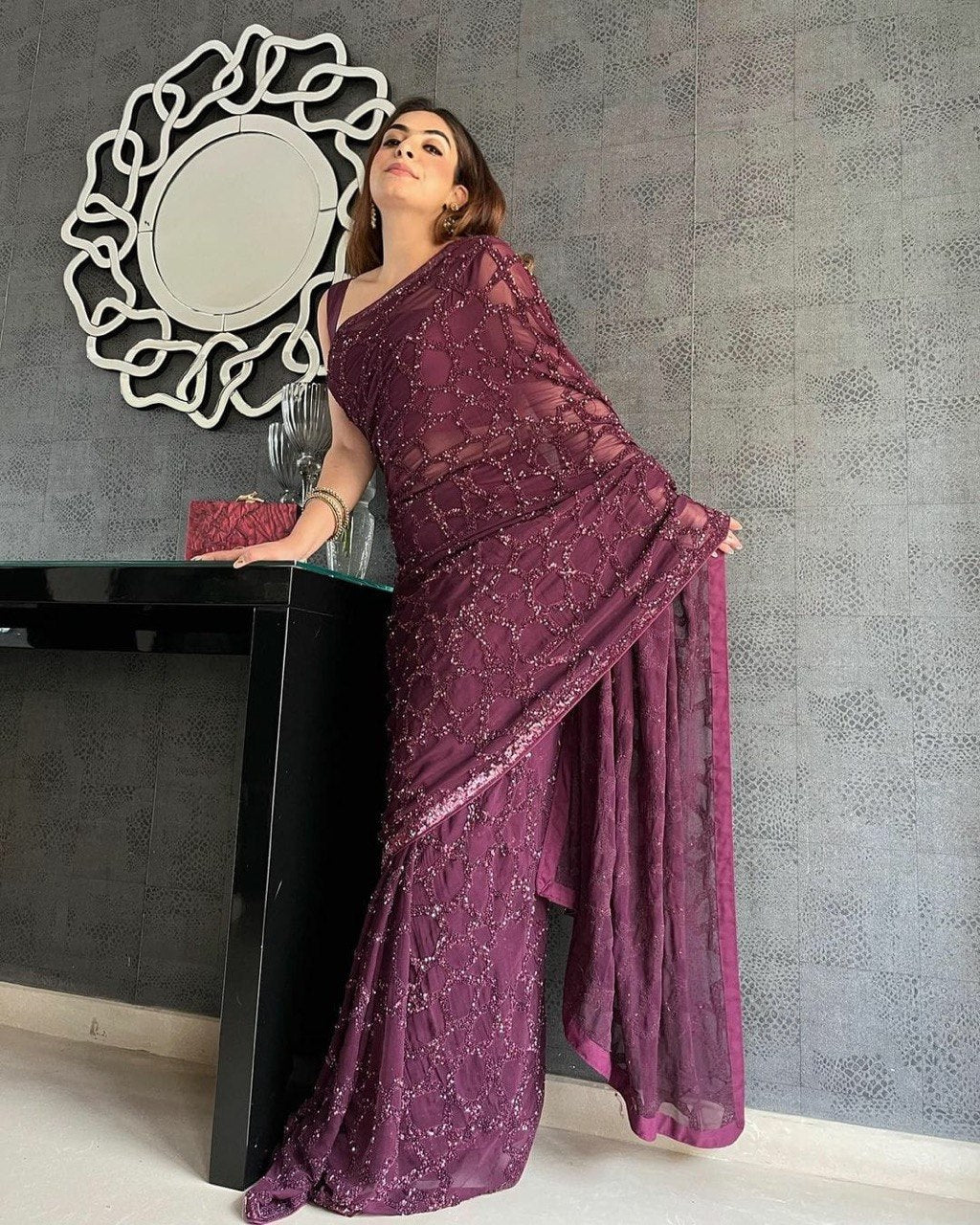 Wine Bling Sequins Luxury Feel Saree