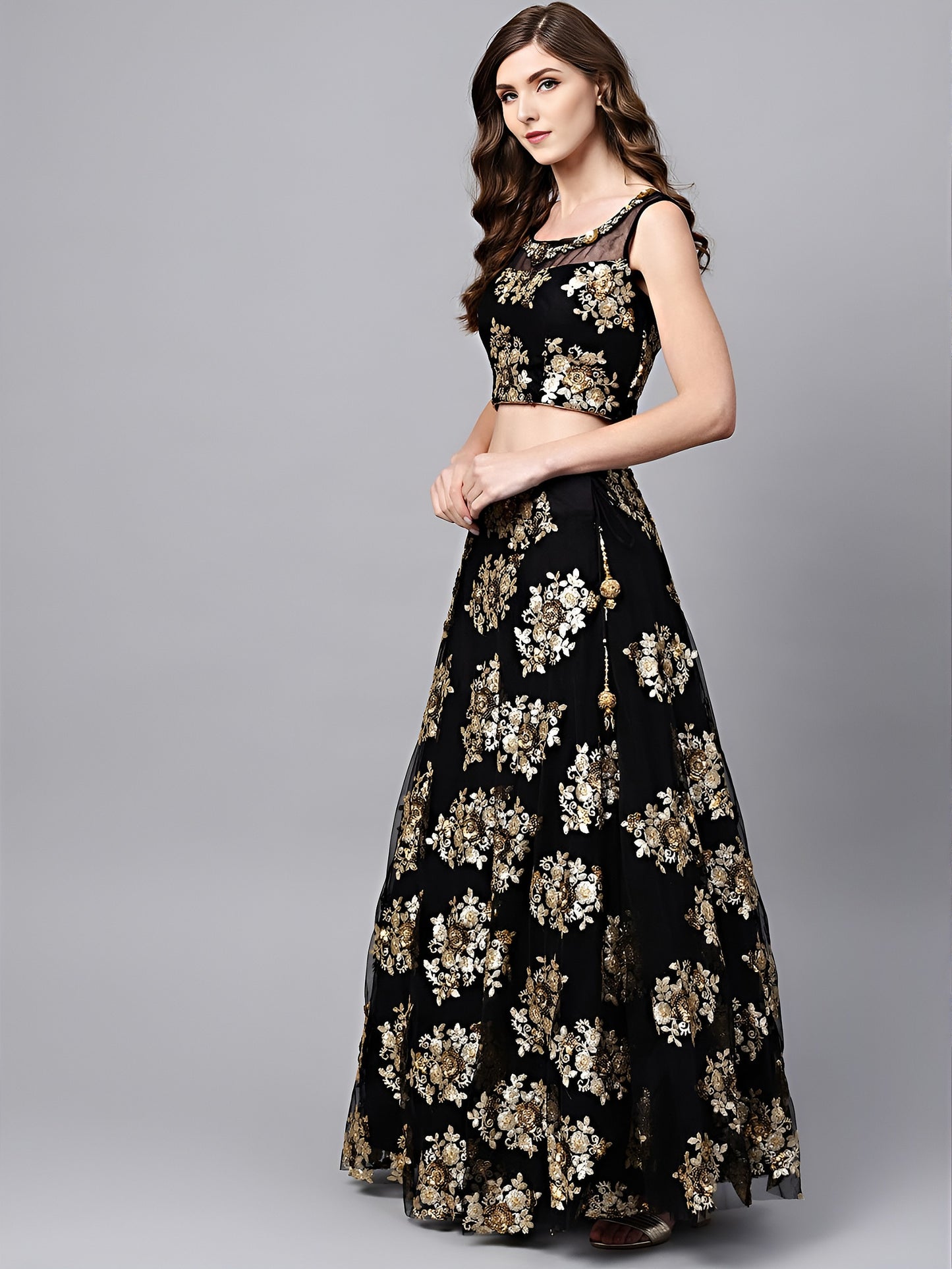 Midnight Black Floral Sequin Lehenga Choli