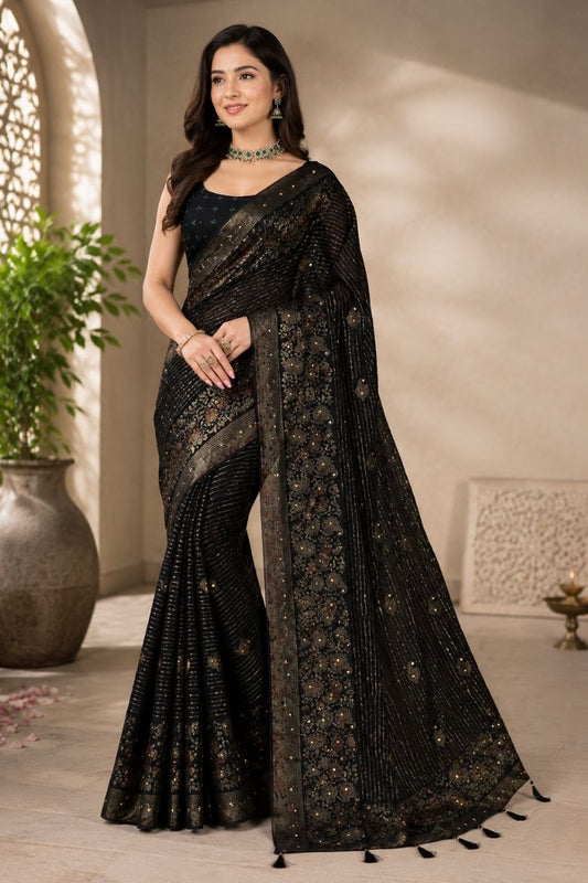Midnight Black Foil Print Georgette Saree