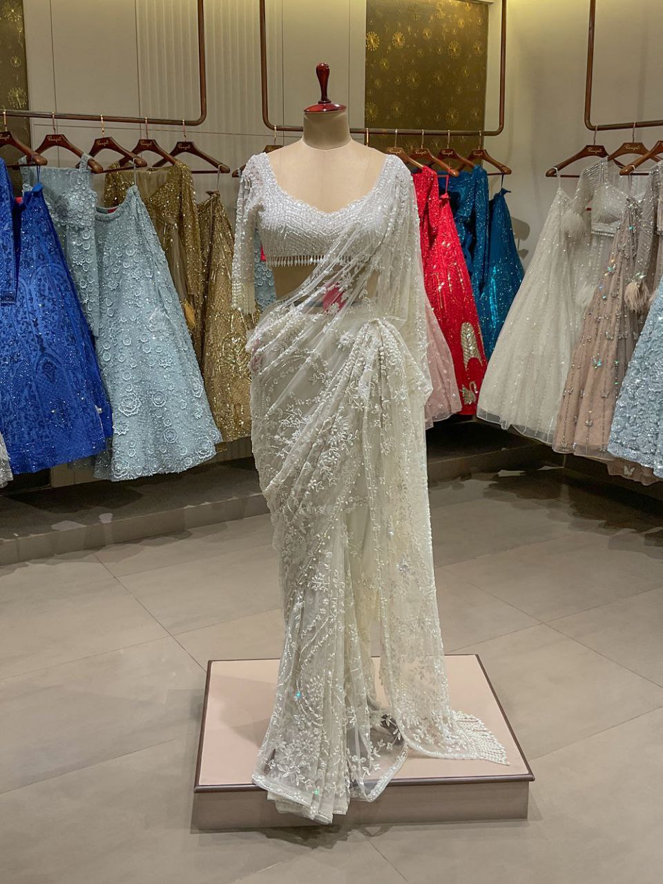 Beautiful Summertime Pearl Sequins Work White Saree