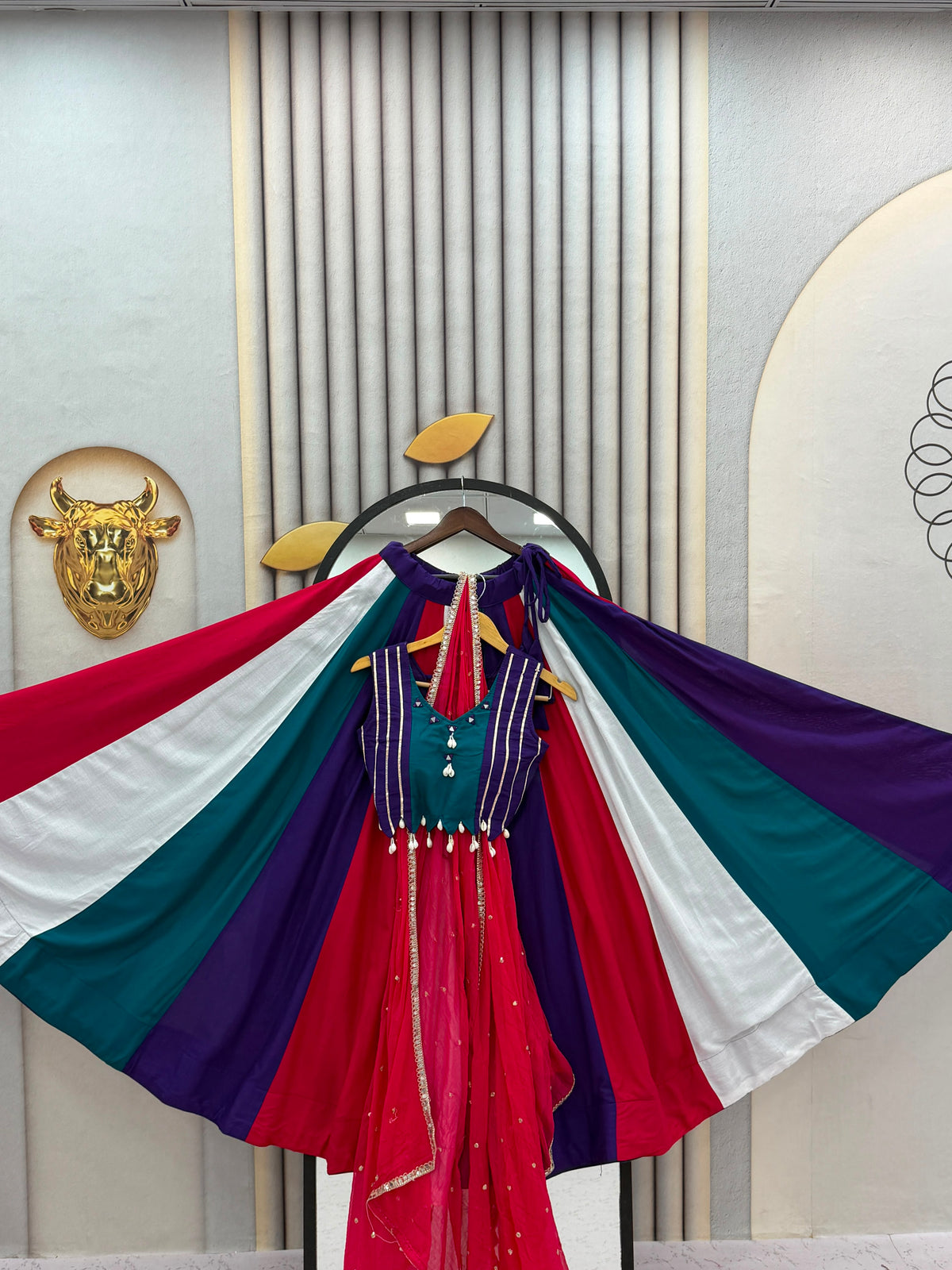 Multi-Color Striped Handwork Cotton Lehenga Choli Set