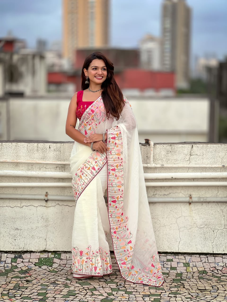 Raise & Elevate Your Festival Looks - Beautiful White Embroidered Work Saree