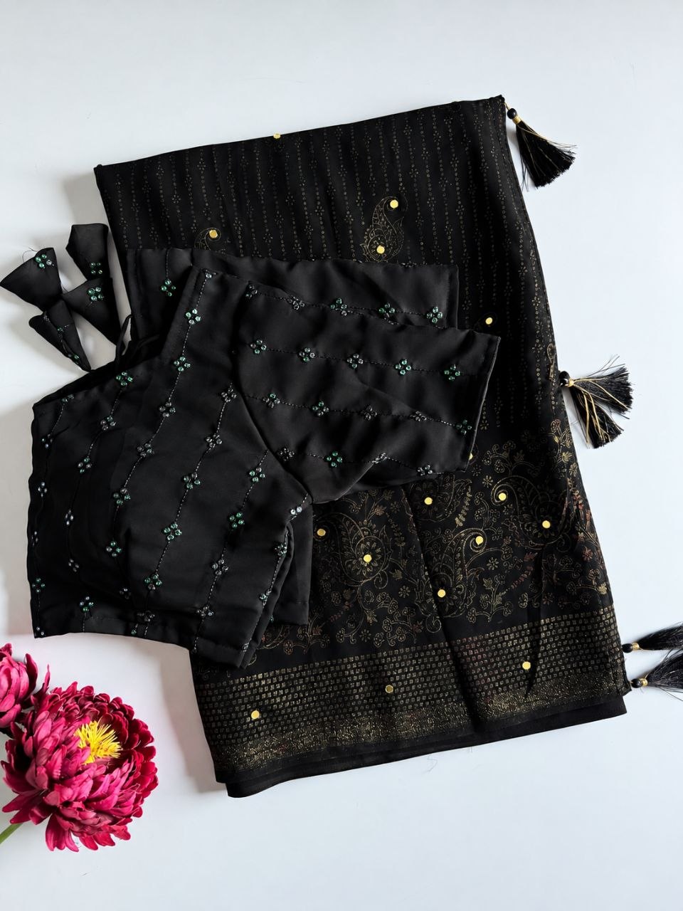 Midnight Black Foil Print Georgette Saree