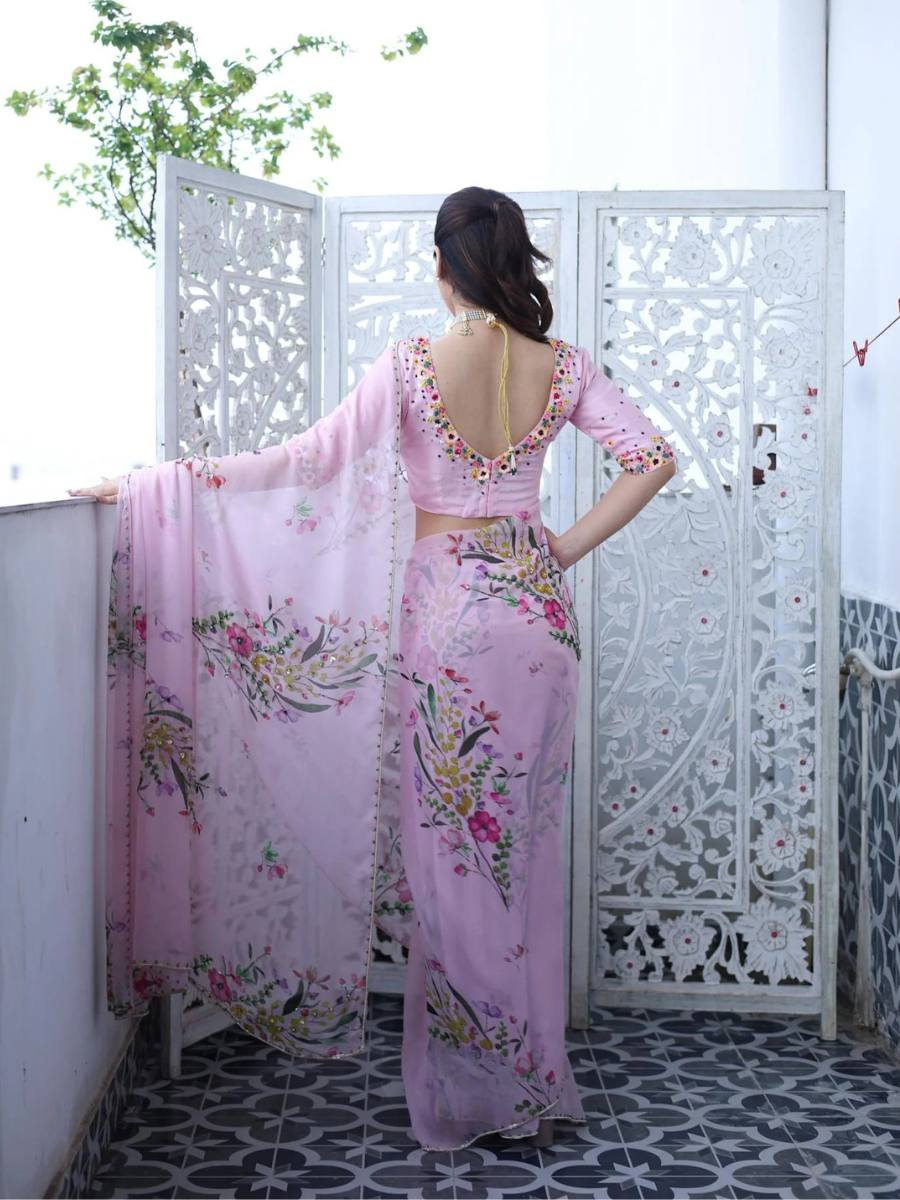 RICH CELEBRITY STYLE HANDWORK FLORAL ORGANZA SAREE