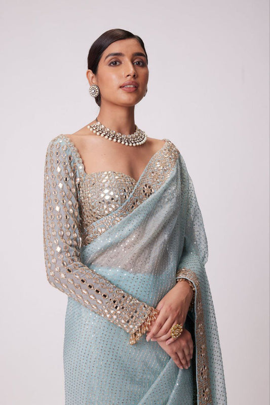 Real Mirror Work Ultra Premium Bling Saree - Blue