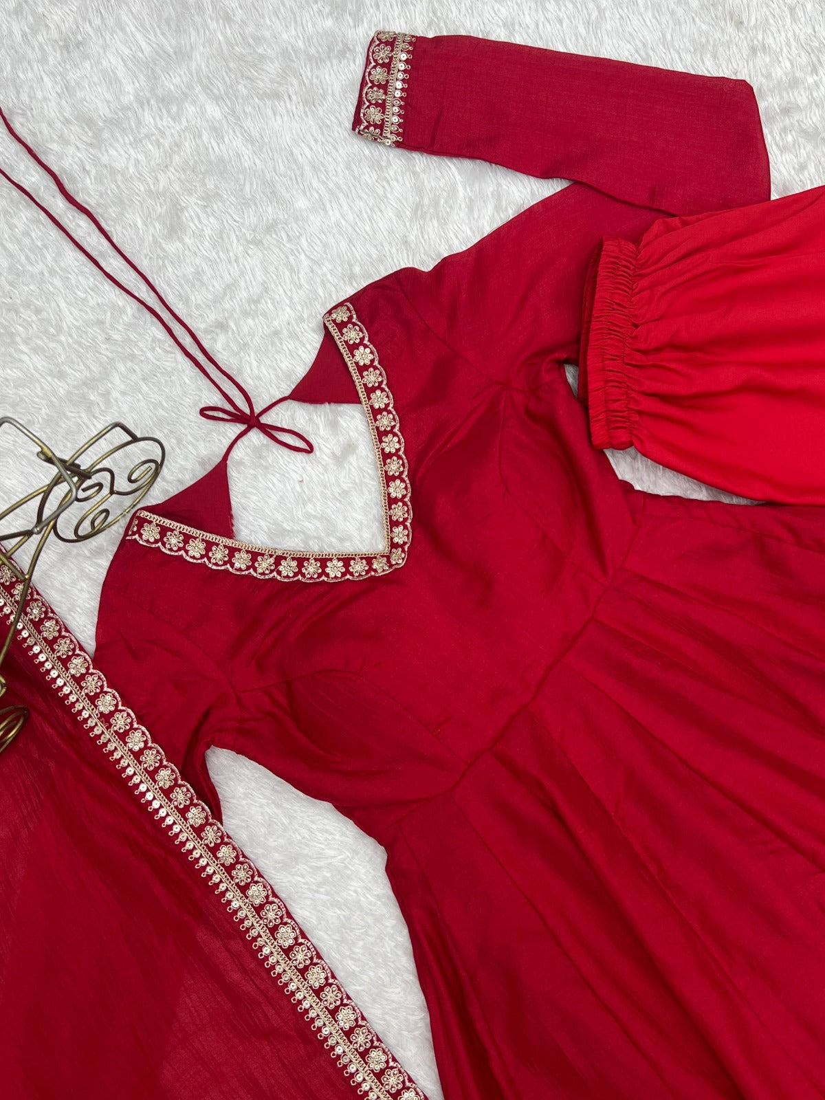 Pure Blooming Vichitra Silk Embroidered Anarkali Gown with Dupatta & Pant Set