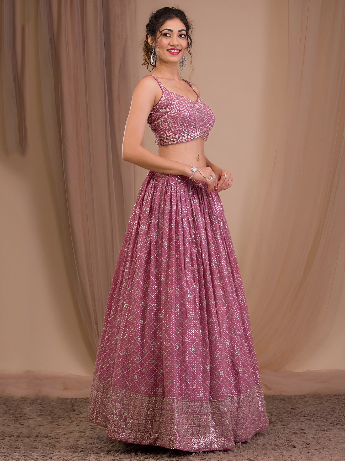 Glittering Rose Pink Designer Lehenga Choli