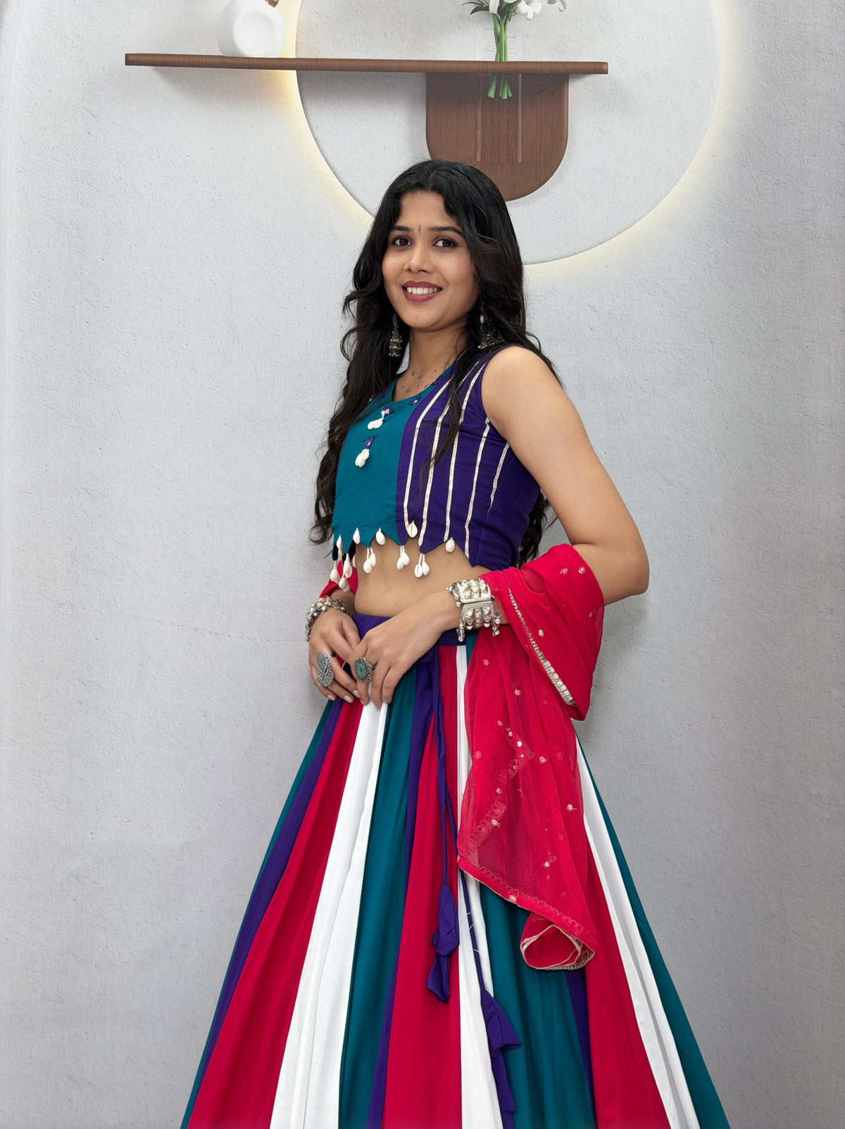 Multi-Color Striped Handwork Cotton Lehenga Choli Set