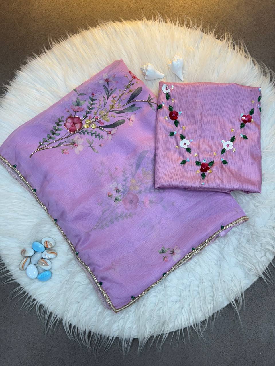 RICH CELEBRITY STYLE HANDWORK FLORAL ORGANZA SAREE