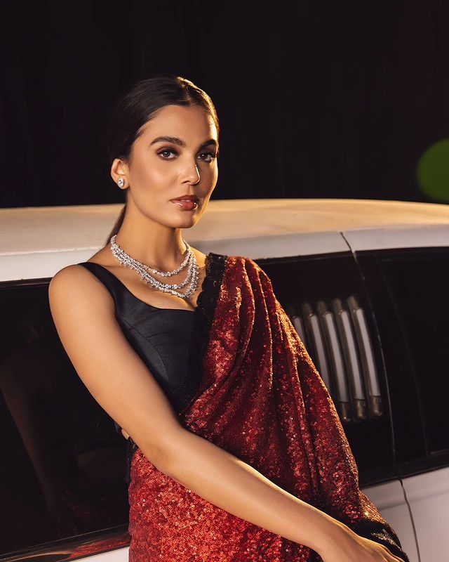 Red & Black Bling Party Saree