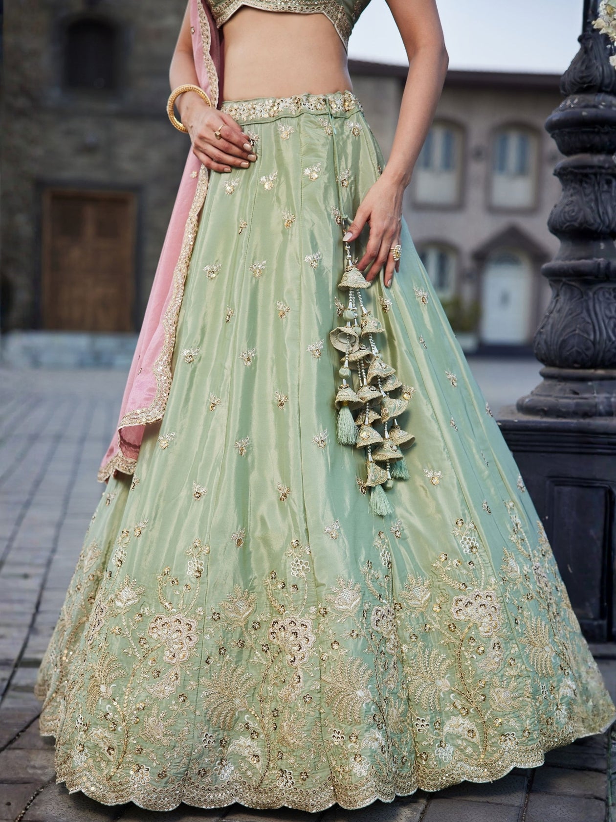 LUXURY PISTA GREEN ART SILK LEHENGA SET