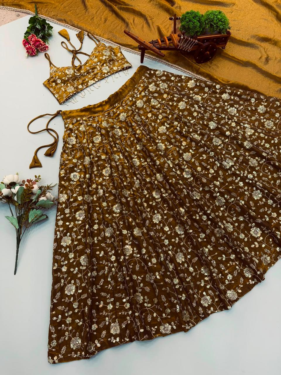 Dark Gold Elegant Bling Sequins Lehanga