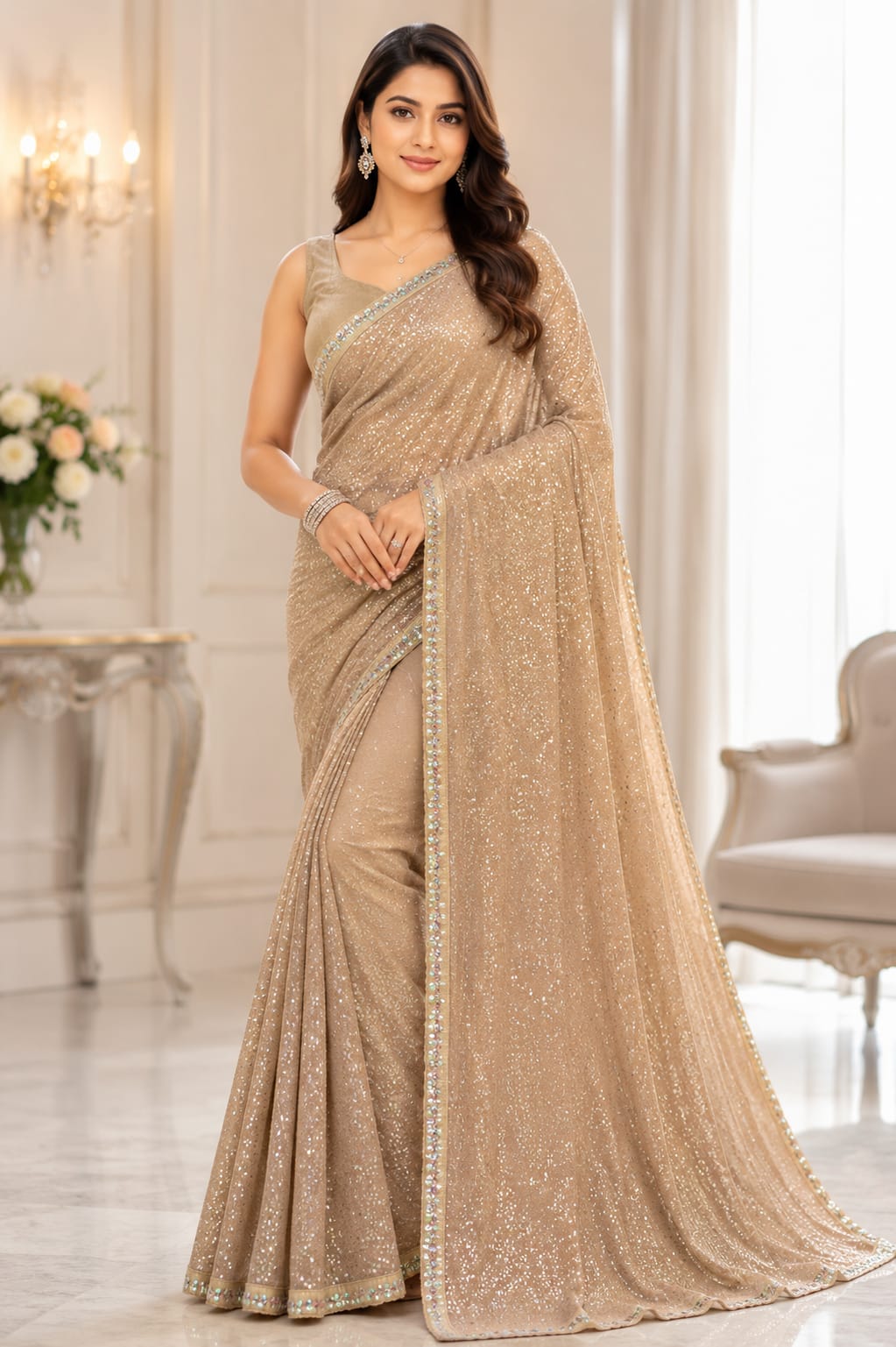 Luminary Éclat: Special Edition Khichdi Micro-Sequin Faux Georgette Saree Ensemble