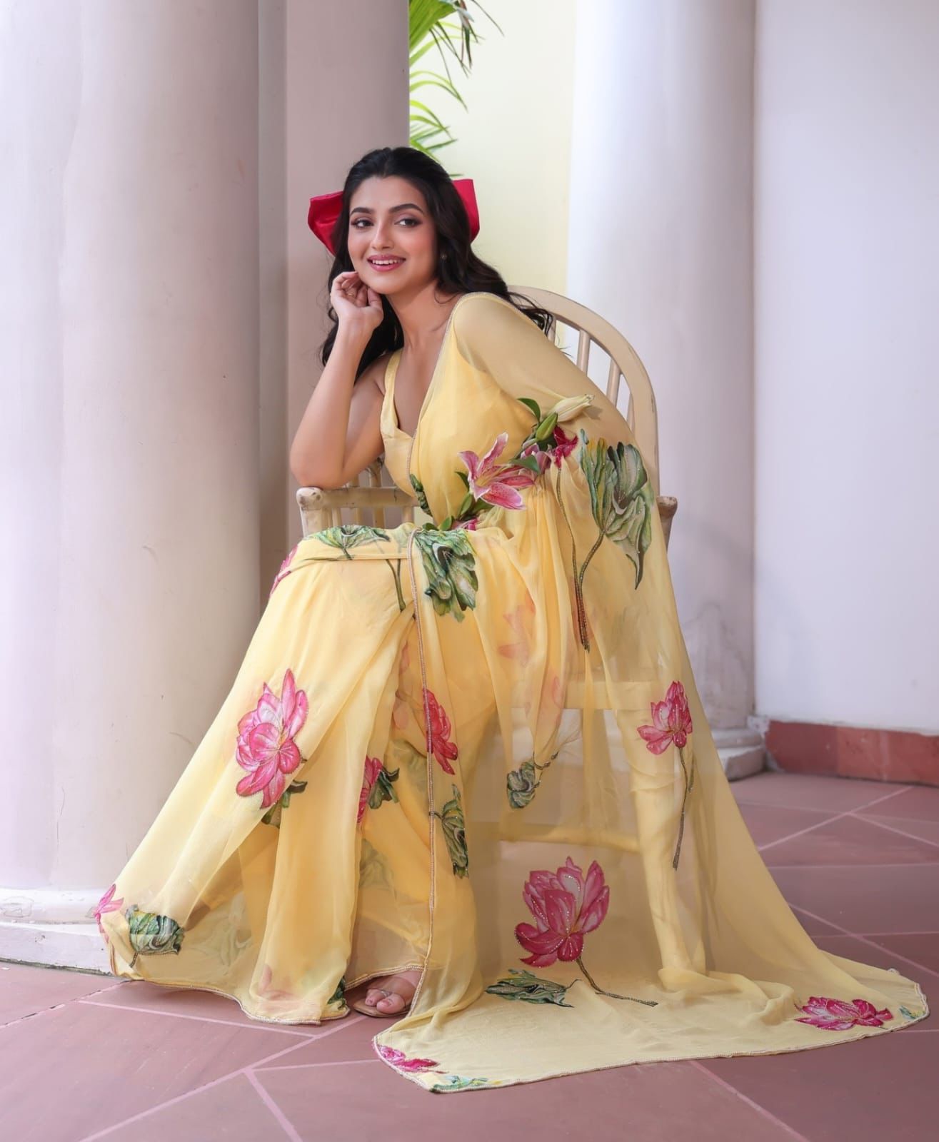 CELEBRITY STYLE PASTEL YELLOW SOFT TABBY ORGANZA FESTIVE SAREE